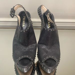 Prada
Black • Leather Studded Peep Toe •  Slingback Boots/Booties • Size 36